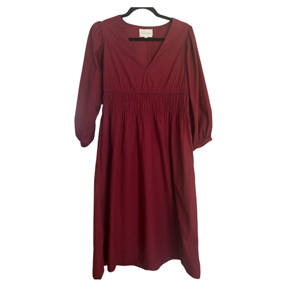 $495 Cara Cara “Ginger” Dress Cabernet Puff Sleeves and Flair Midi 100% Cotton